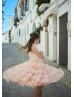 High Neck Peach Tulle Ruffled Twirl Flower Girl Dress
